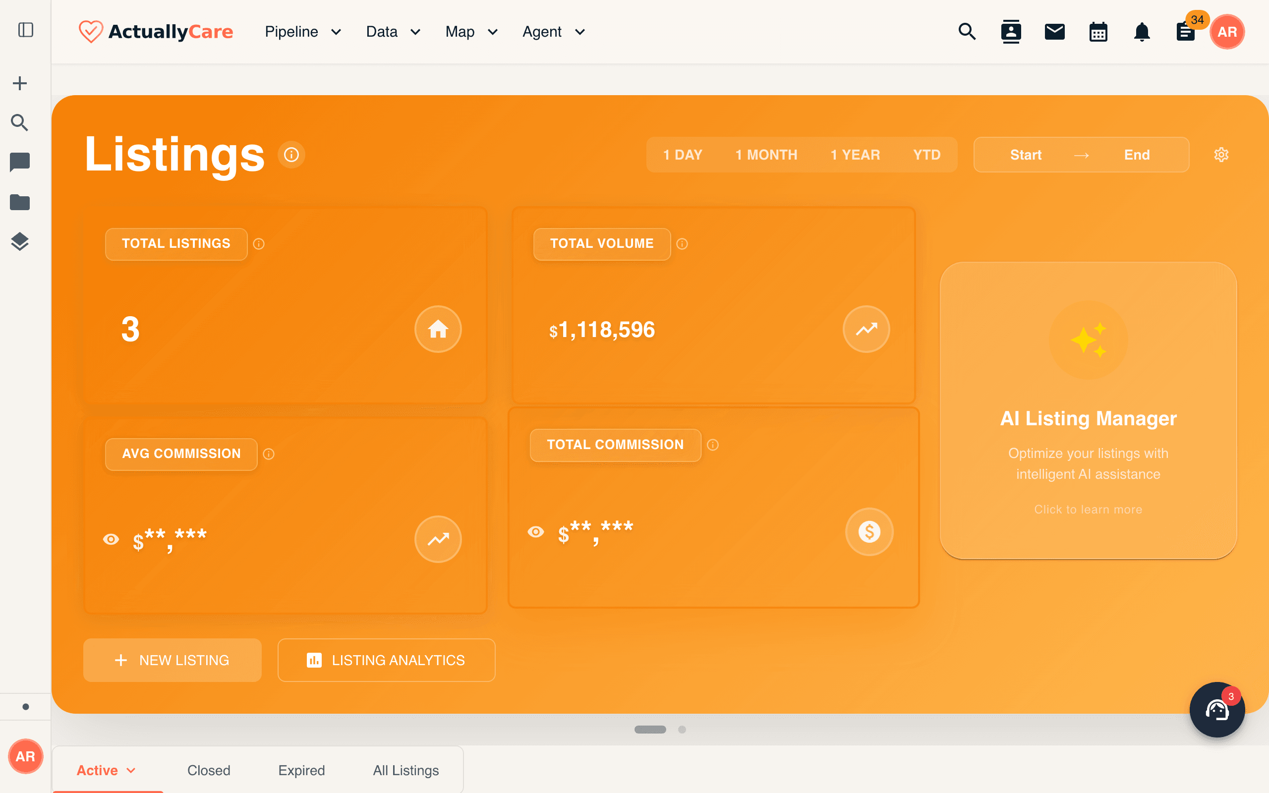 The listings dashboard — total listings, volume, and an AI Listing Manager